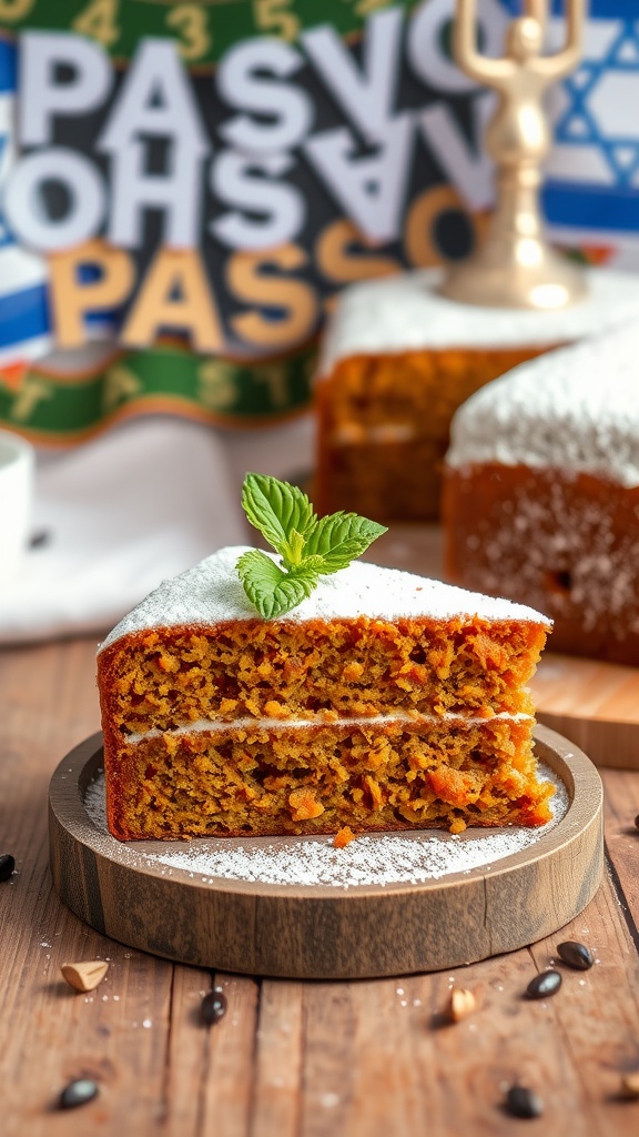 Moist Nutty Carrot Cake for Passover Slice of moist nutty carrot cake with powdered sugar on a rustic table, adorned with Passover decorations.
